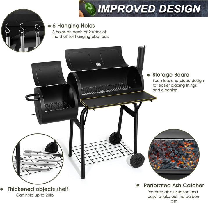 Barrel Charcoal Grill with Offset Smoker(420.Sq.In),  Large Outdoor BBQ Grills with Chimney Starter Set for Grilling, Smoking, Roasting, with Thermometer & Front Table, 6 S-Hooks & Clamp