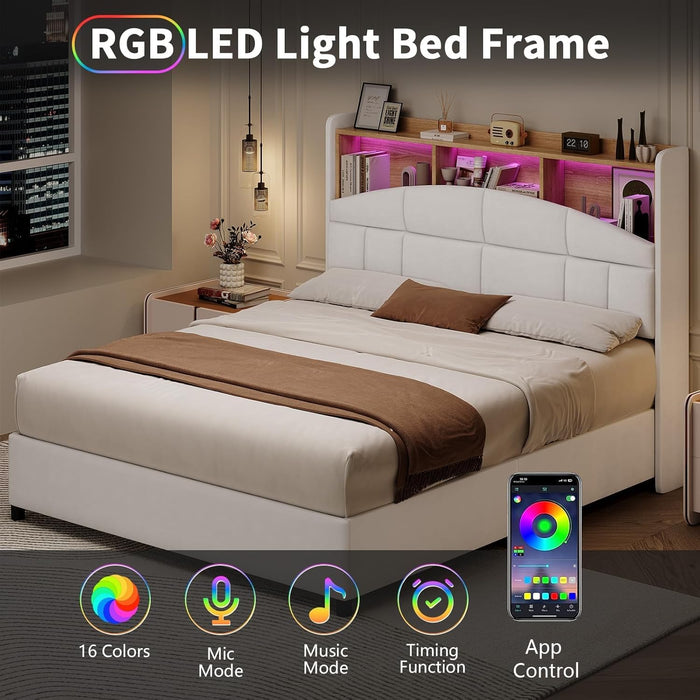 Queen Size Bed Frame with Headboard and LED Lights, Velvet Upholstered Platform Bed Frame with Wooden Slats Support, No Box Spring Needed, No Noise, Beige