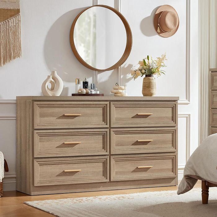 55.1" Wide Farmhouse 6 Drawers Dresser for Bedroom, Oak