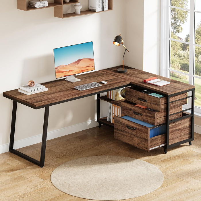 53" L Shaped Office Desk, Reversible Corner Computer Desk with 3 File Drawers and 2 Storage Shelves for Home Office, Study, Gaming Room (Brown)