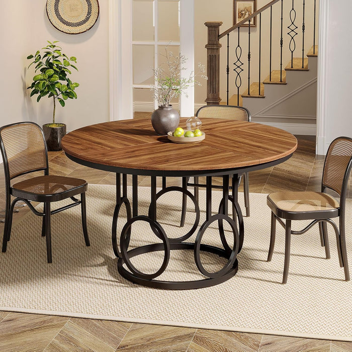 47-Inch round Dining Table, Wood Kitchen Table with Sturdy Metal Base for 4-6 People, Large Circle Dinner Table for Dining Room, Kitchen, Living Room (Brown & Black, Only Desk)