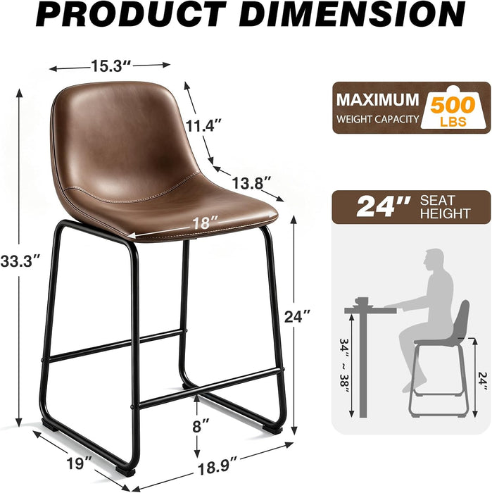 TAVR Counter Height Stools Set of 2, 24 Inch Barstools Hold up to 500 Lbs | Armless Faux Leather Bar Stools with Sturdy Metal Legs & Soft Backrest for Kitchen Island, Coffee Shop, Brown