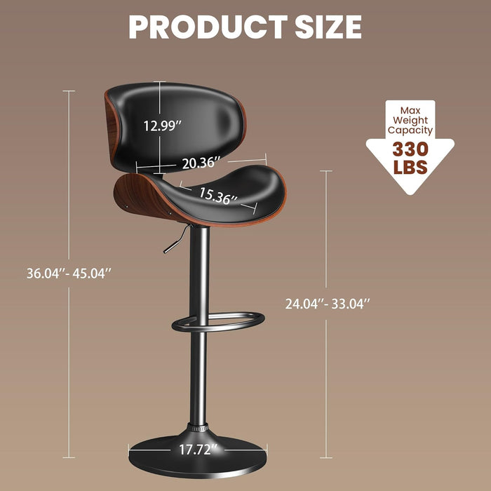 Bar Stools Set of 3, Barstools for Kitchen Island with Bentwood Back and Leather Seat, Swivel Stools for Kitchen Counter, Bar, Pub, Black