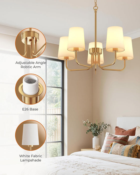 Chandeliers for Dining Room, 5-Light Gold Chandelier Light Fixture, E26 Base-Dining Room Light Fixtures over Table with White Shade, Farmhouse Chandelier for Bedroom Living Room Foyer Entryway