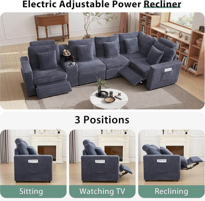 Oversized Modular Sectional Sofa with 2 Power Recliner, 5-Seater L-Shaped Corduroy Reclining Couch with Storage Console Charging Cup Holders, Fluffy Reclining Couches for Living Room,Grey