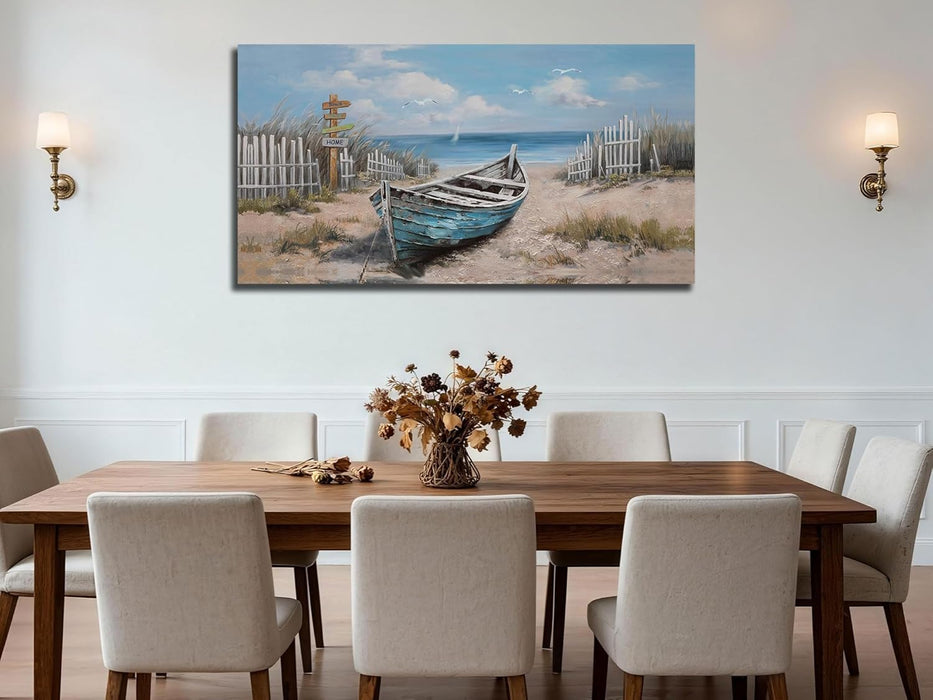 Boat Canvas Wall Art Nautical Art Wall Decor for Living Room, Blue Teal Bedroom Picture Textured Beach Painting Framed Artwork Dining Room Home Office Kitchen, Large 40"X20"