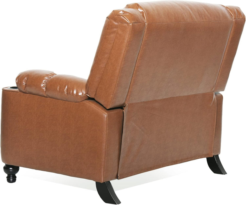 Carlo Oversized Manual Recliner Chair with Cup Holder, Faux Leather Recliner Sofa, Modern Reclining Accent Chair, Sturdy Wooden Frame, Brown