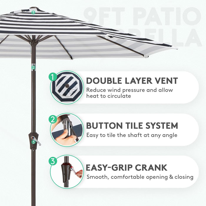 9FT Outdoor Patio Umbrella, Market Umbrella, Black & White Stripe