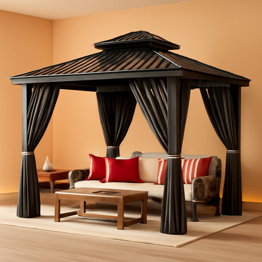 10X10Ft Hardtop Gazebo with Nettings and Curtains, Heavy Duty Double Roof Galvanized Steel Outdoor Combined of Vertical Stripes Roof for Patio, Backyard, Deck, Lawns, Gray