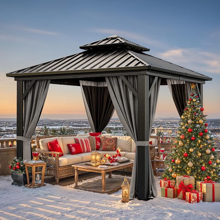 10X10Ft Hardtop Gazebo with Nettings and Curtains, Heavy Duty Double Roof Galvanized Steel Outdoor Combined of Vertical Stripes Roof for Patio, Backyard, Deck, Lawns, Gray