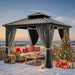 10X10Ft Hardtop Gazebo with Nettings and Curtains, Heavy Duty Double Roof Galvanized Steel Outdoor Combined of Vertical Stripes Roof for Patio, Backyard, Deck, Lawns, Gray