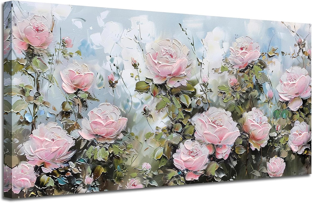 Flower Wall Art Canvas Art Wall Decor, Floral Painting Textured Picture Living Room Pink Rose Artwork Large Framed for Bedroom Kitchen Dining Room Home Office Decor 40"X20"