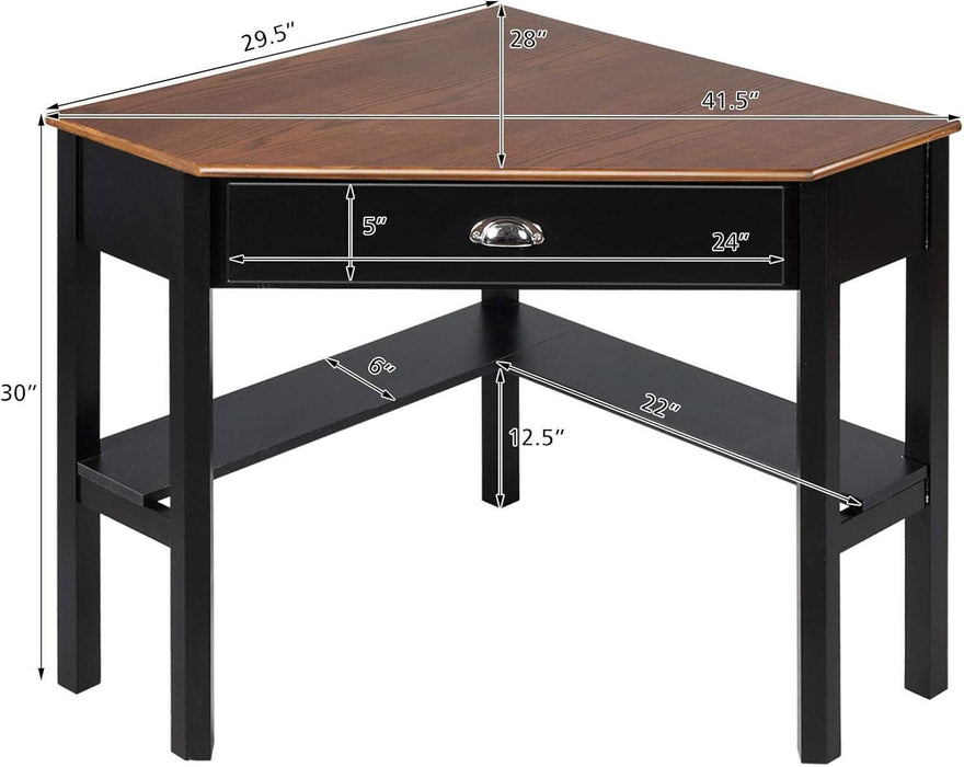 Corner Desk, Writing Corner Computer Table with Drawer for Small Space, Wood Makeup Vanity Desk, Small Corner Desk with Shelves, Office Study Workstation (Brown)