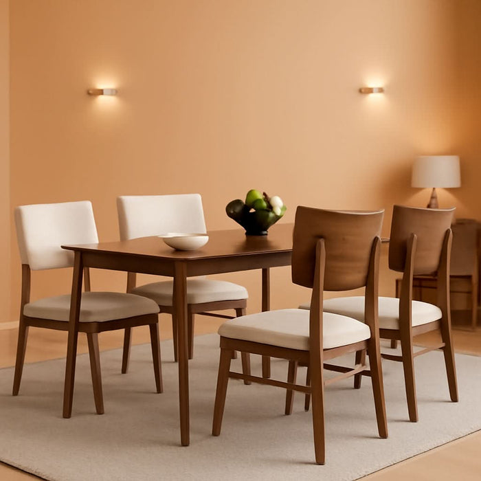 5 Piece Solid Wood Dining Table Set, Farmhouse Mid-Century Modern Table & 4 Upholstered Chairs for Home, Kitchen, Apartment, Space Saving, Brown+Biege