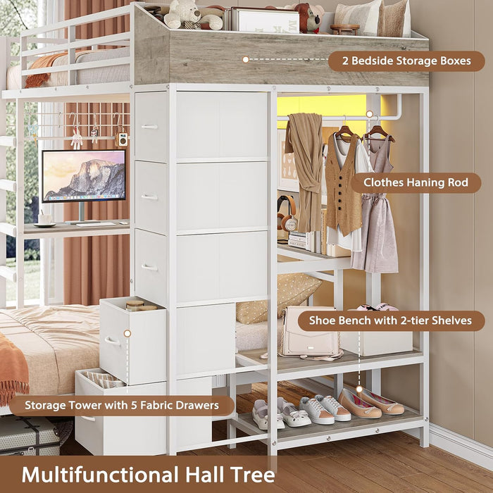 Bunk Bed Twin over Twin with Hall Tree, Charging Station and LED Lights, L-Shaped Bunk Bed with Desk, 5 Storage Drawers, Twin Bunk Beds with Guardrail & Stairs, No Box Spring Needed, White