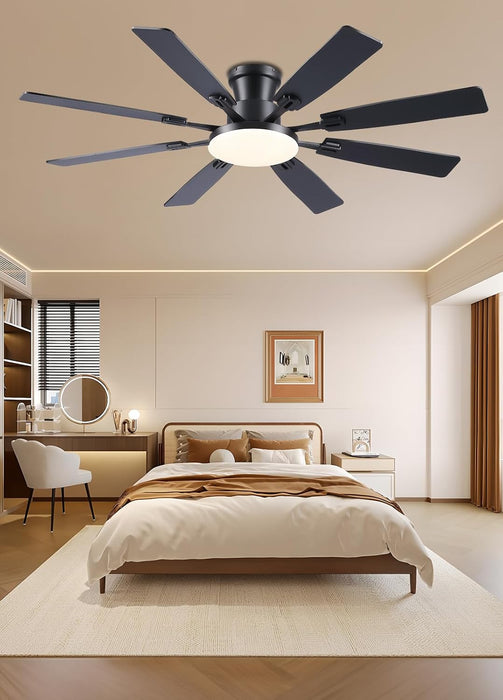 60Inch Ceiling Fan with Lights and Remotes, Large Low Profile Flush Mount Ceiling Fans,Dc Reversible Motor, 3CCT Dimmable,Noiseless,Dual Finish, Black 6 Speeds Ceiling Fan for Indoor/Outdoor