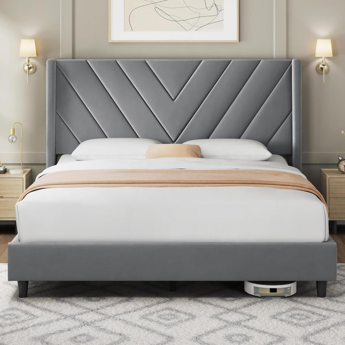 Queen Bed Frame with Chevron Channel-Tufted Headboard, Light Grey