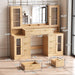 55" Vanity Desk with Mirror & Lights, Fluted Makeup Vanity with 8 Drawers & 4 Cabinets, Tempered Glass Top, RGB Cabinet Lighting, 3-Color Dimmable Mirror, and Charging Station