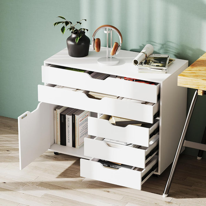 Rolling File Cabinet Five Drawers White OrganizerPro