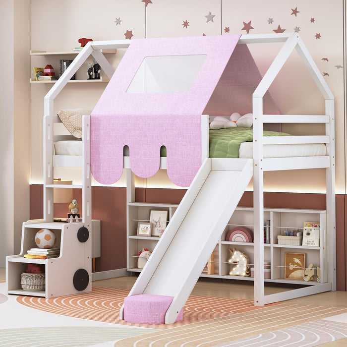 Twin Size Loft Bed With Slide PlayhouseCastleFortress