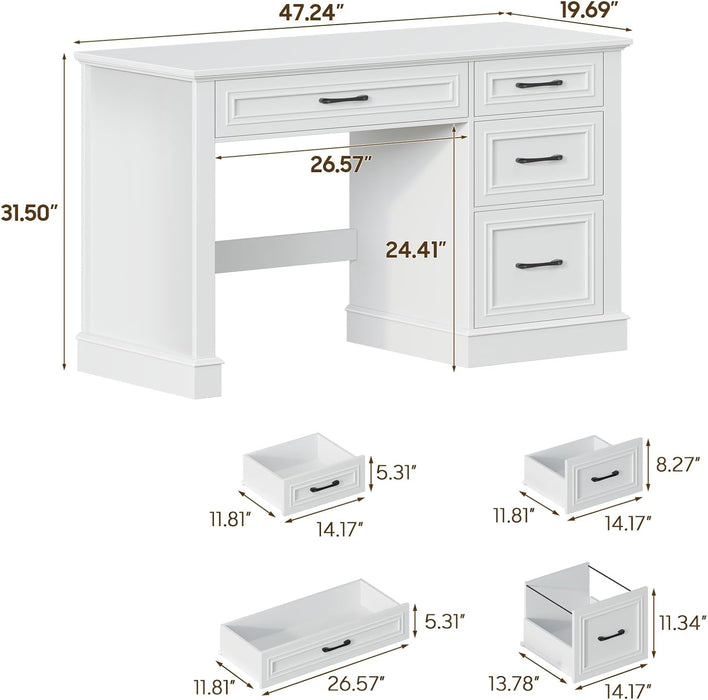 Farmhouse 47" Executive Desk with File Drawer, Computer Desk with 4 Drawers, Workstation for Study, Home Office, Writing, Cream White.