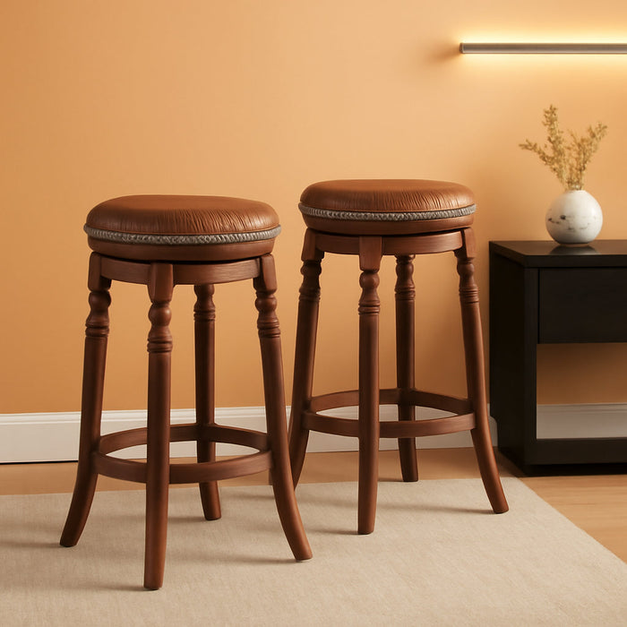 24" Swivel Bar Stools Set of 2, Farmhouse Counter Height Stools with Upholstered Seat & Rubber Wood Frame, round Backless Kitchen Stools, Barstools for Kitchen Island/Breakfast Nook, Walnut