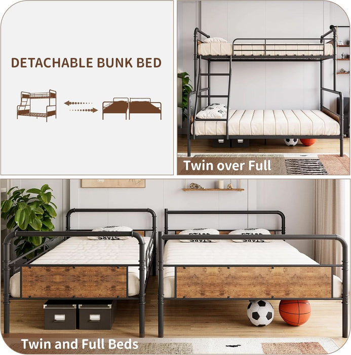 Bunk Bed Twin over Full Size with High Guardrail and Ladder,Twin Size Convertible Metal Bunk Beds for Kids/Teens/Adults,Easy Assembly, No Box Spring Needed,Vintage Brown