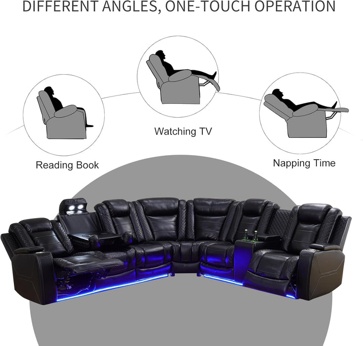 Power Reclining Sectional Sofa for Living Room,Modern L-Shaped Black Air Leather Sectional Couch Set,Recliner Sofa Set,With LED Lights,Cup Holder,Storage,Charging Ports,Home Theater Seat