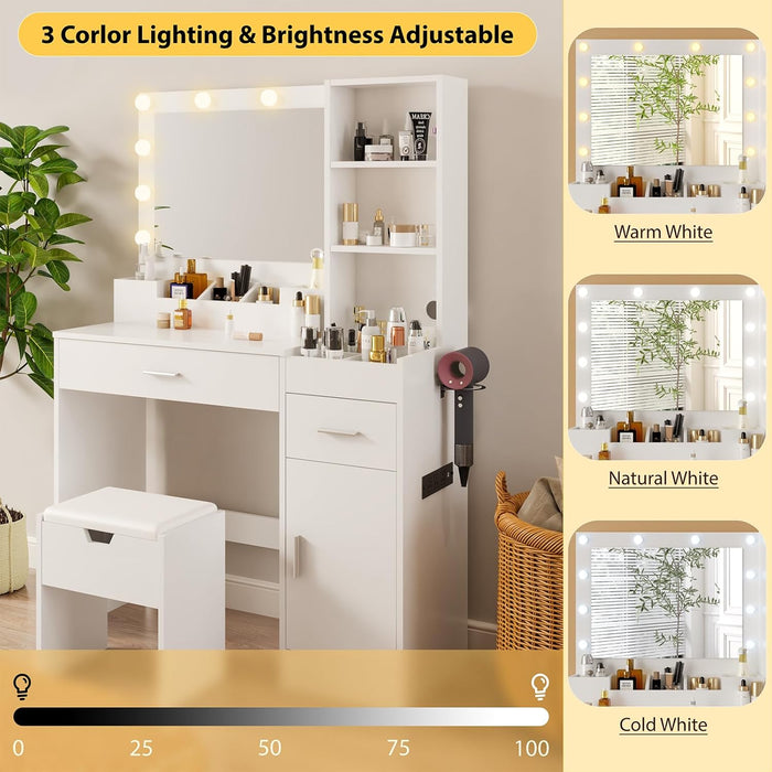 Vanity Desk with Mirror and Lights, 39.2"W X 15.5"D X 57.1"H White Makeup Vanity with Charging Station, Dressing Table with Storage Chair Set, 3 Lighting Modes Adjustable Brightness for Bedroom