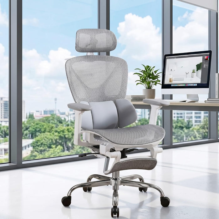 Big & Tall Ergonomic Mesh Office Chair 350Lbs, High Back Reclining Gaming Desk Chair with 3D Headrest, Adjustable Armrests, Lumbar Support & Retractable Footrest, Gray
