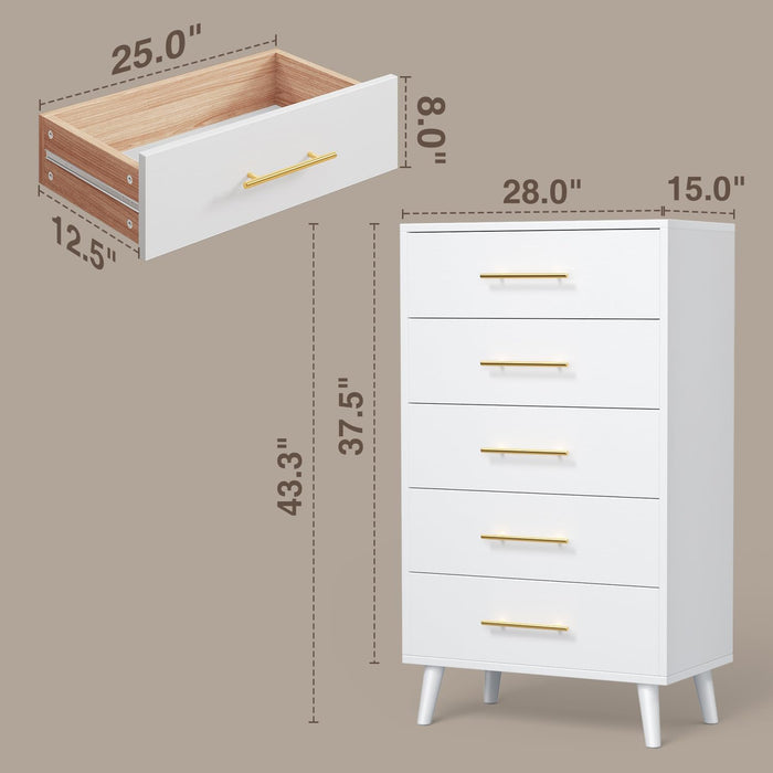 5 Drawer Dresser, Tall Dresser with Metal Handles, Wood Storage Organizer for Bedroom, Hallway, or Entryway, White