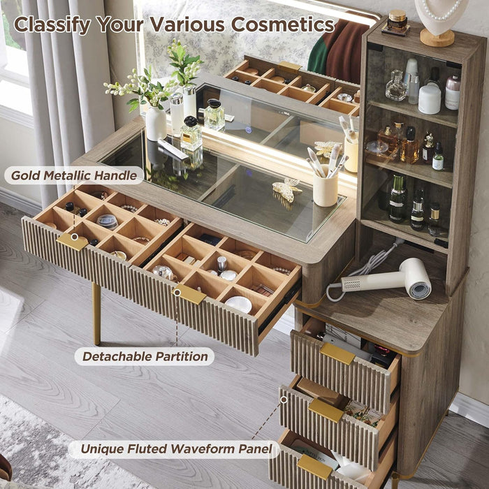 Fluted Makeup Vanity Desk with 36" HD Lighted Mirror, 48" Big Modern Vanity Desk with Mirror and Lights, Dressing Table with 5 Drawers & Shelves, Glass Top for Bedroom (Alder Grey)