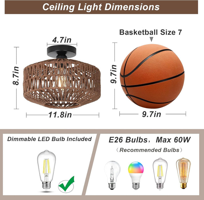 Boho Rattan Light Fixtures Ceiling Mount,Ceiling Light Fixtures with Dimmable LED Bulb,Hand Woven Rattan Chandelier Light Fixtures Ceiling for Bedroom Living Room Entryway(Dark Brown)