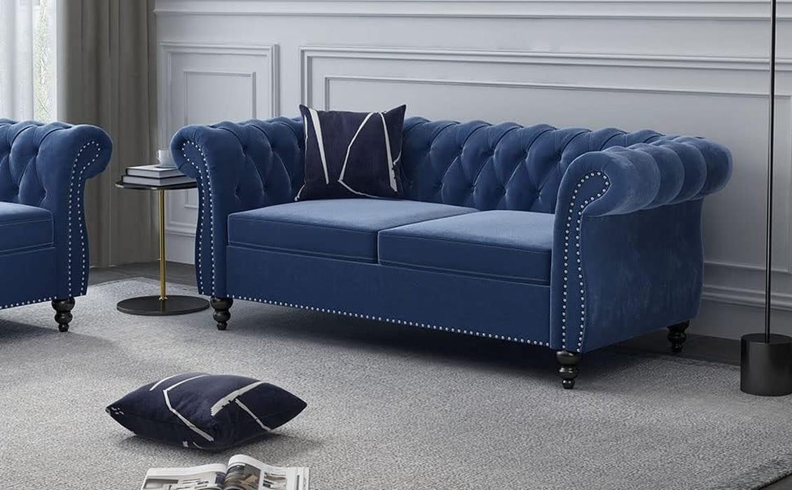 2 Piece Living Room Set, Velvet Chesterfield Sofa Loveseat Couch Chair with Scroll Arms and Nailhead for Living Room, Office (Blue)