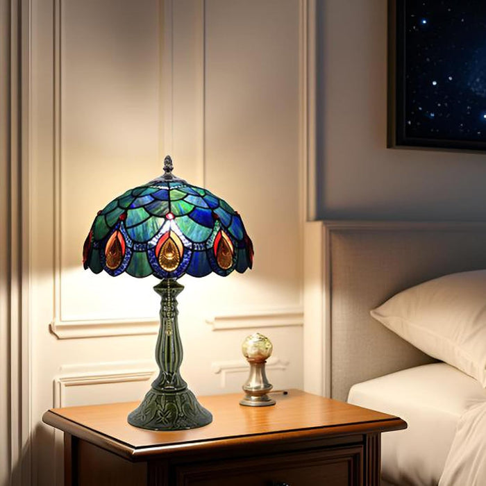 Tiffany Style Stained Glass Table Lamp 18.5 Inch - Blue Peacock Tail