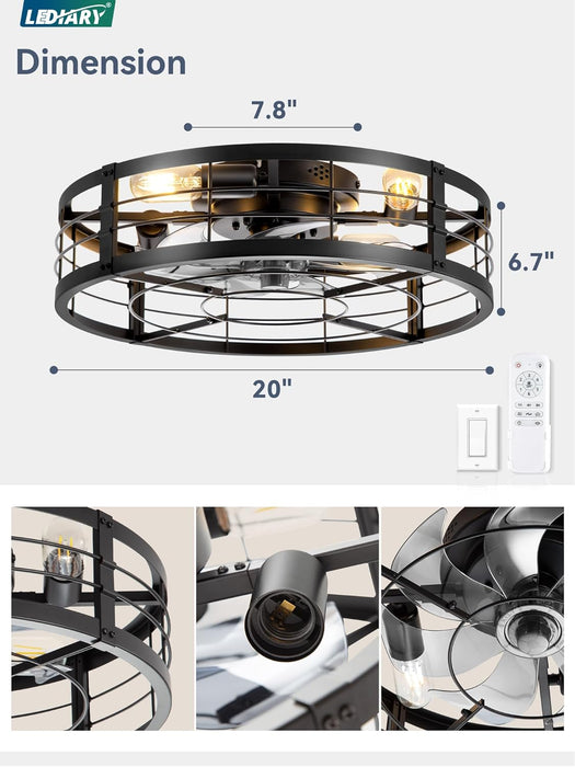 20" Caged Ceiling Fan with Light and Remote, Low Profile Flush Mount Fandelier, Black Bladeless Enclosed Small Fan Lights Ceiling Fixtures, Rustic Farmhouse Style for Bedroom, Outdoor