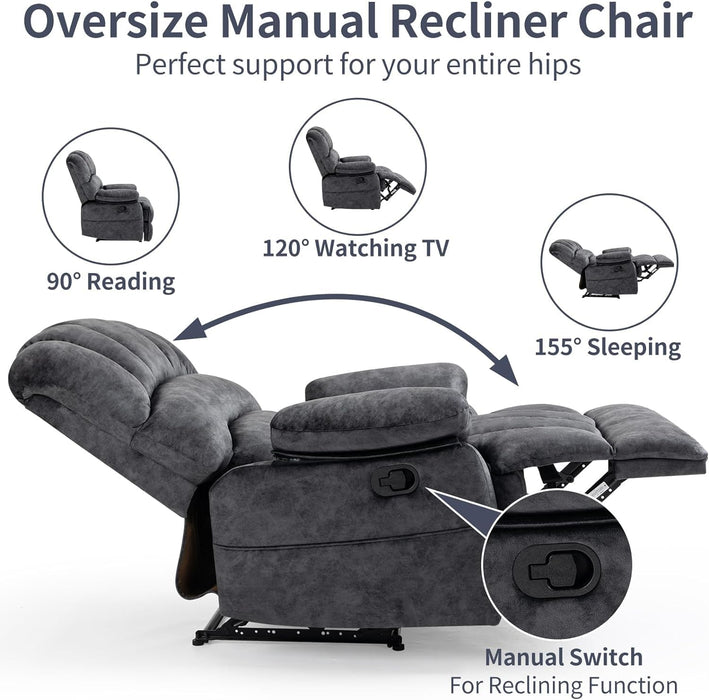 Grey Fabric Recliner with Overstuffed Cushions