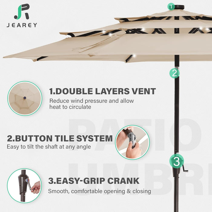 3 Tiers Patio Umbrella with Solar Lights 9Ft Outdoor Market Table Umbrellas with Push Button Tilt for outside Pool Garden, Tan