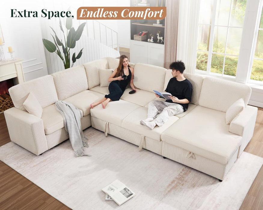 130Inch Beige Upholstered Sleeper Sofa With Storage