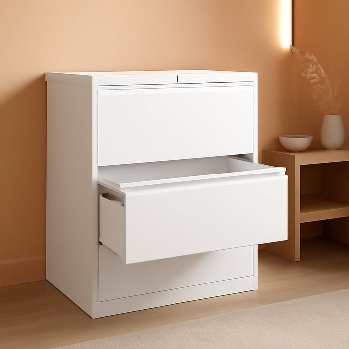 3 Drawer Lateral File Cabinet with Lock, Metal Stainless Steel Wide Lateral Filing Cabinet for Legal/Letter A4 Size, Office Organizer Storage Cabinet,White