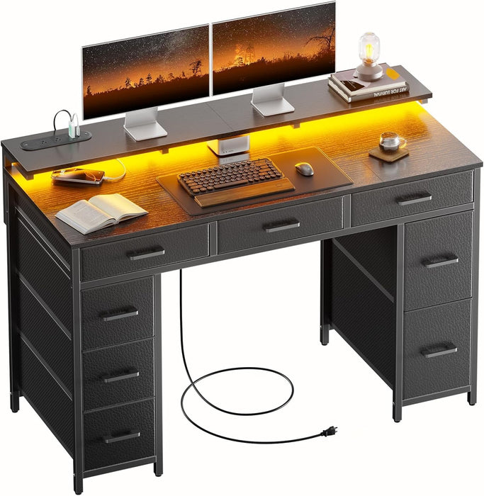 47 Inch Computer Desk with 8 Storage Drawers, Gaming Desk with LED Lights & USB Power Outlets, Home Office Table with Monitor Stand, Study Writing Work Table for Bedroom, Black