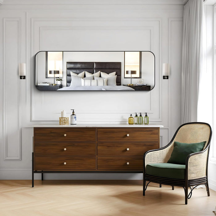 60"X20" Full Length Wall Mirror, Large Black Vanity Mirror with Rounded Corner & Metal Frame, Modern Design for Bathroom, Living Room, Entryway, Hang Horizontal/Vertical