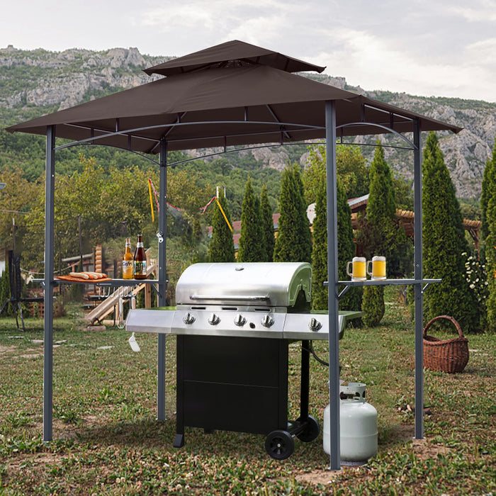 8'X 5' Grill Gazebo Shelter, Double Tier Outdoor BBQ Gazebo Canopy with LED Light(Brown)