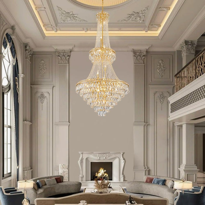 26-Light Large High Ceiling Chandelier, Gold Modern Crystal Chandeliers Luxury Foyer Entrance Chandeliers for Staircase Villa Lobby Hallway Entryway, K9 Crystal Raindrop Light Fixture H63” X W31”