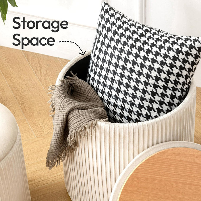 Ottoman with Storage Set of 2, Velvet round Storage Ottoman, Upholstered Sponge Vanity Stool Support 300Lbs, Multifunctional Coffee Table Foot Rest Ottoman for Living Room Bedroom, Beige