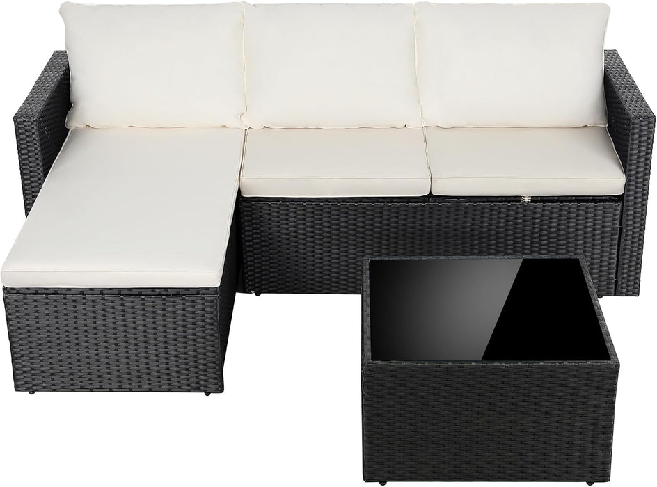 4 Pieces Patio Furniture Set, 2-In-1 Convertible Sectional Sofa & Chaise Lounge, All-Weather Wicker Rattan Sofa Couch with Cushions & Coffee Table for Yard, Garden, Porch, Poolside (Beige)