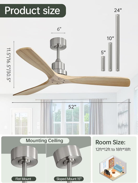 52 Inch Ceiling Fans No Light-Outdoor Ceiling Fan with Remote Control, Modern Wood Ceiling Fan without Light for Bedroom Indoor Patios Farmhouse,Reversible DC Motor,Brushed Nickel&Natural Wood