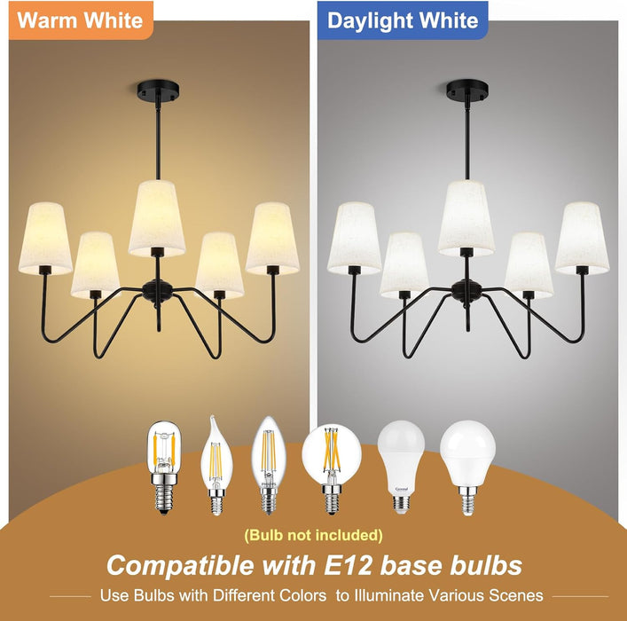 5-Light Modern Chandeliers, Pendant Lights Fixture with Linen Beige Fabric Shade for Living Room Dining Room Bedroom Hallway Entryway, Height Adjustable,E12