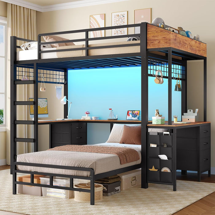 Black Industrial Twin Bunk Bed Desk BuiltInStorageDrawers