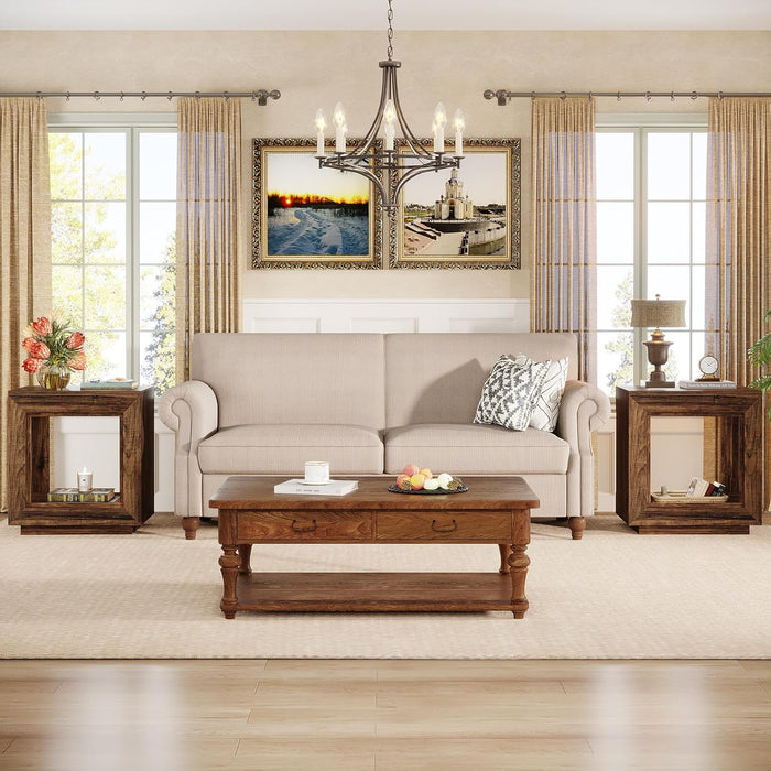 Rustic Wood End Table, 2 Tiered Square Side Table with Storage Shelf, Industrial Sofa Side Table for Living Room, Entrance (Rustic Brown) (1)